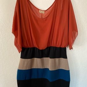 Rust Chiffon Top - Stripped Bottom Fitted Dress